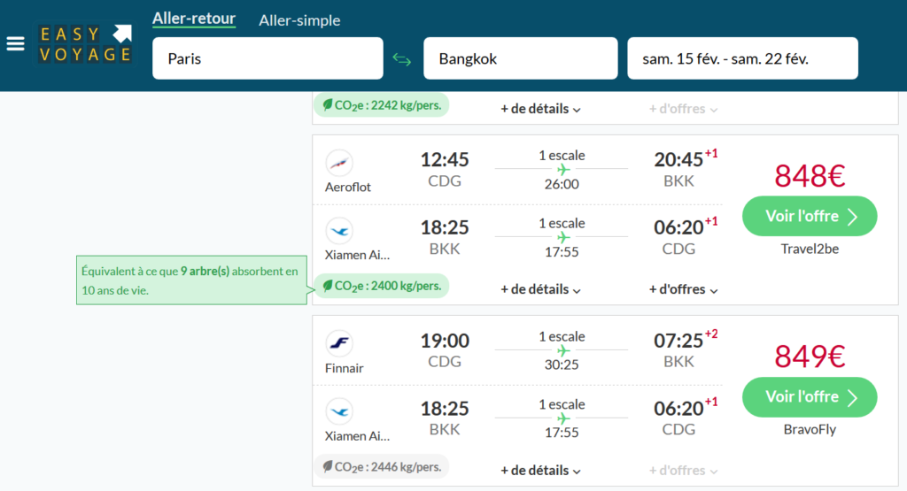 Aérien on a testé le calculateur de CO2 d'Easyvoyage
