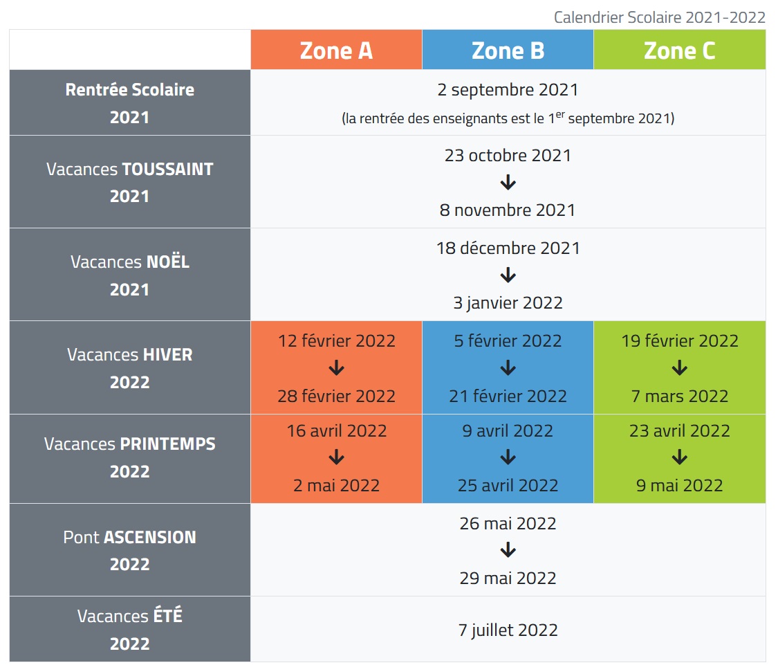 Calendrier 2022 Vacances Scolaires Zone A Calendrier : les jours fériés 2021 et les vacances scolaires 2021/2022
