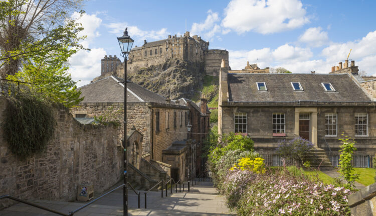 Edinburgh Castle viewed from the Vennel by the Grassmarket